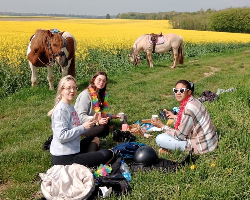 Pose Picnique à cheval : cavaliers assis sur des couvertures, entourés de paniers et de plats, dans une clairière ensoleillée