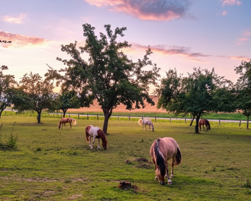 Les chevaux au pré, en liberté au coucher du soleil